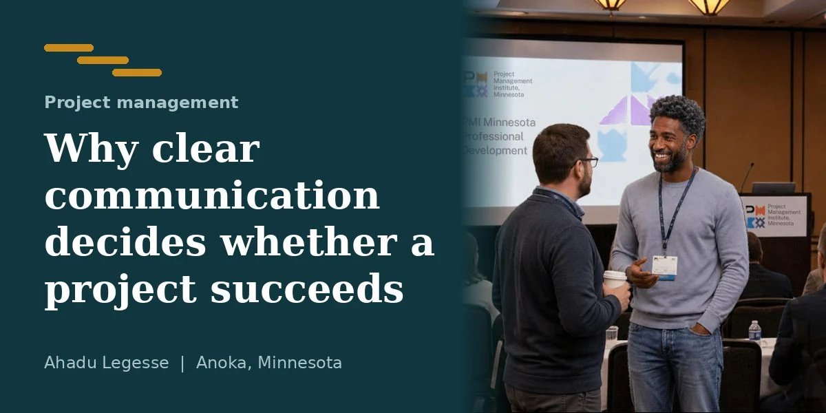 Ahadu Legesse talking with a colleague at a project management event in Minnesota